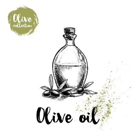 Bottle with olive oil and olives and leaves. Food and cosmetic vector old looking illustration. Ideal for restaurant menu designs, shop and market flyers.のイラスト素材