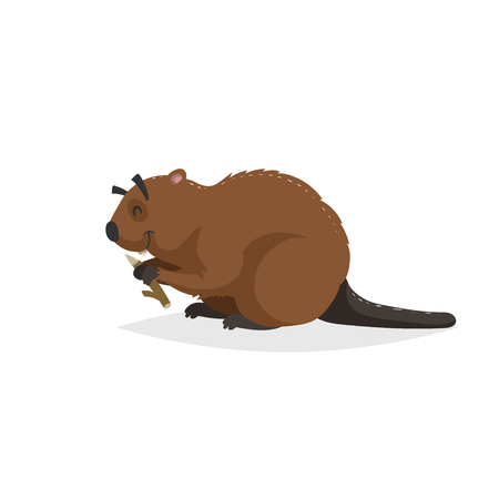 Cartoon cheerful beaver with piece of wood. Forest Europe and North America animal. Flat with simple gradients trendy design. Education vector illustration.のイラスト素材