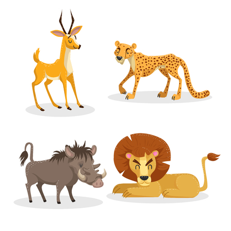 Cartoon trendy style african animals set. Cheetah, antelope, lion, pig warthog. Closed eyes and cheerful mascots. Vector wildlife illustrations.のイラスト素材