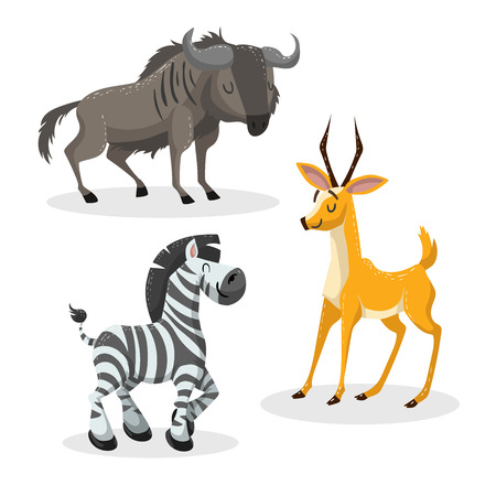 Cartoon trendy style african artiodactyls  set. Gnu, antelope, gazelle, wildebeest and zebra. Closed eyes and cheerful mascots. Vector wildlife illustrations.のイラスト素材
