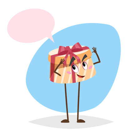 Cartoon smiling gift box character with red bow, yellow box on long legs.のイラスト素材