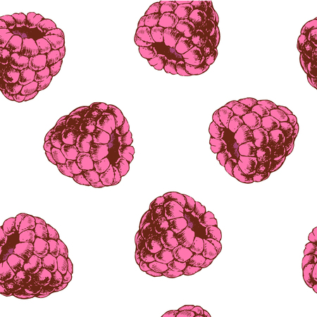 Raspberries seamless pattern. Hand drawn sketch style ripe fruits and berries vector illustration. Ideal for party designs, fruit markets and vegan menu.のイラスト素材