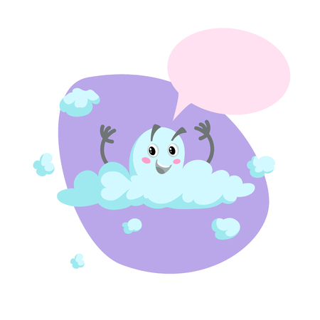 Cartoon smiling blue cloud mascot. Weather and summer symbol. Speaking character with dummy speech bubble and little clouds. Vector illustration icon.のイラスト素材