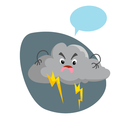 Cartoon overcast storm cloud with thunderstorm mascot. Weather rain and storm symbol. Speaking character with dummy speech bubble. Vector illustration icon.のイラスト素材