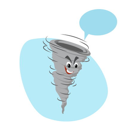 Cartoon gray smiling angry tornado funnel character mascot. Weather and storm symbol. Speaking character with dummy speech bubble. Vector illustration icon.のイラスト素材