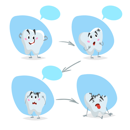 Cartoon tooth characters. Caries, cavity phases with arrows. Healthy, ill and dead teeth. Dental care vector illustrations.のイラスト素材