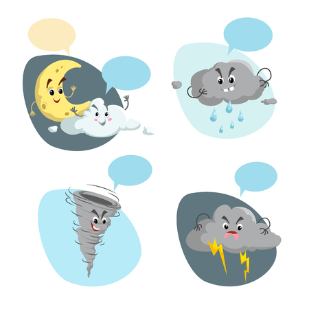 Cartoon weather characters set. Friendly crescent moon, rain cloud with raindrops, thunderstorm cloud with lightning and tornado. Speech bubbles. Vector climate icons collection.のイラスト素材