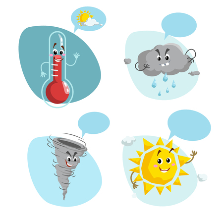 Cartoon weather characters set. Friendly sun, raindrop cloud, smiling thermometer mascot and funny tornado. Speech bubble with sun and clouds. Vector illustration icons collection.のイラスト素材