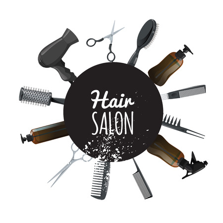 Hair and beauty salon poster with black circle and hair accessories. Professional hairdressers tools. Vector illustrations isolated on white background.のイラスト素材