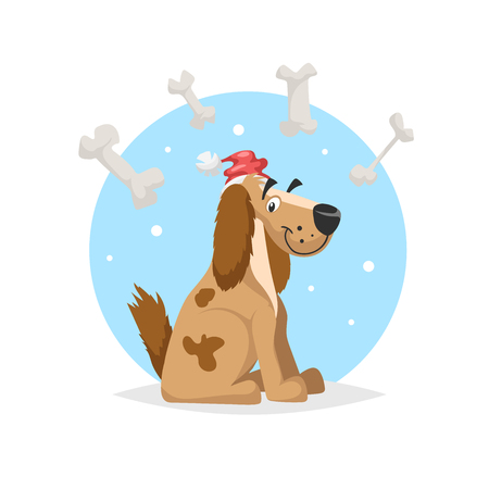 Happy funny dog wearing Santa's hat with lot of bones. Chinese 2018 new year symbol. Best for seasonal party posters and banners. Cartoon vector illustration.のイラスト素材