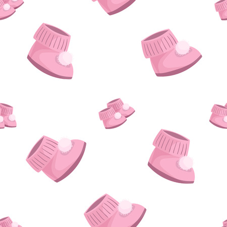baby girl newborn seamless pattern. Pink baby booties with pompons. Motherhood and childhood vector icons background.のイラスト素材