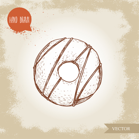 Hand drawn sketch style donut with sprinkles. Bakery good top view with icing cream and chocolate. Vector illustration isolated on old background.のイラスト素材