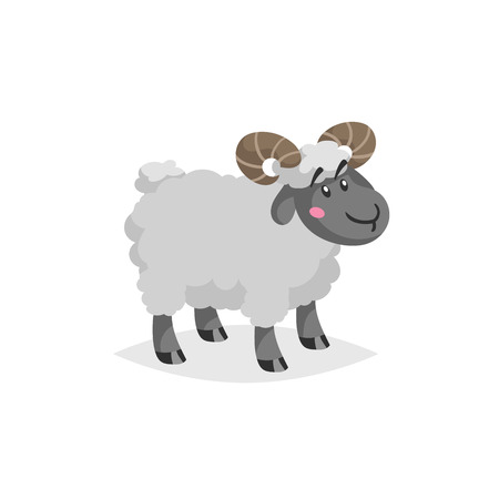 Cartoon ram with horns. Wooly cute male farm animal stay. Vector trendy design illustration isolated on white background.のイラスト素材