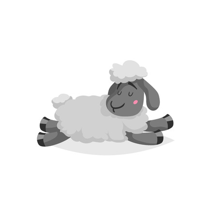 Cartoon sheep sleeping or relaxing. White wool and black skin cute farm animal lie. Vector trendy design illustration isolated on white background.のイラスト素材