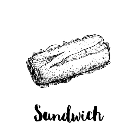 Long sandwich with ham, lettuce, tomato slices. Top view. Hand drawn sketch style illustration of street or fast food. Isolated on white background. Vector drawing.のイラスト素材