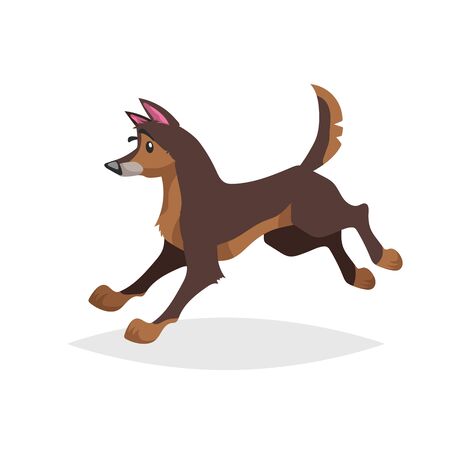 Cute cartoon brown dog running. Pet animal jumping. Flat with simple gradient illustration. Farm sheepdog. Vector drawing isolated on white background.のイラスト素材