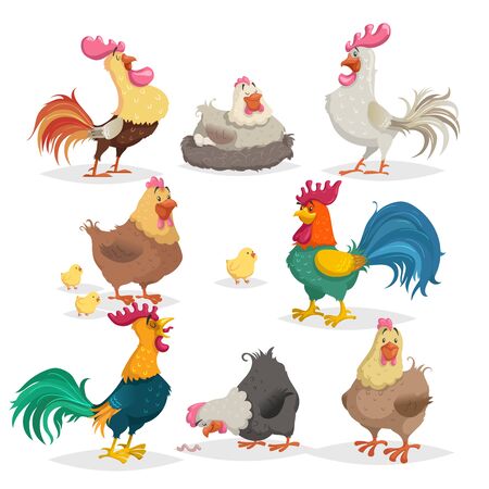 Cute cartoon chickens set. Roosters and hens in different poses. Little chicks. Farm birds and animals collection. Vector illustrations in comic style.のイラスト素材