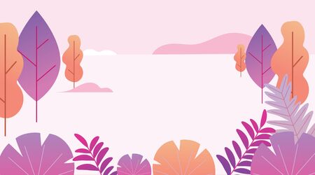 Flat design fantasy landscape in pink and orange colors. Trendy plants, mountains and nature in minimal style. Bushes, trees, flowers, leaves. Vector illustration.のイラスト素材