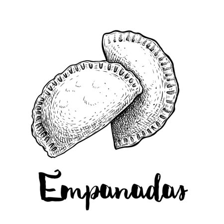 Hand drawn sketch style empanadas. Typical Latino America and spanish fast food. Vector illustration isolated on white background. Best for menu designs, packages.のイラスト素材