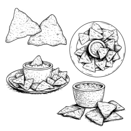 Nachos sketch style set. Single, group on plate and with sauce nachos. Top view. Traditional mexican food collection. Hand drawn. Retro style. Vector illustration for menu designs. Isolated on white background.のイラスト素材