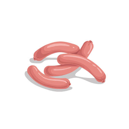 Cartoon flat style sausages group. Boiled and smoked meat product. Best for hot dogs and grill bbg. Vector illustration isolated on white background.のイラスト素材