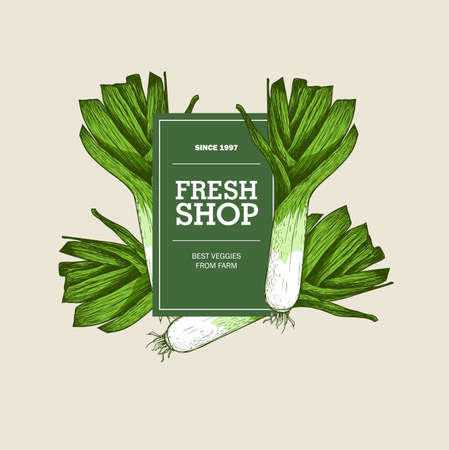 Fresh farmer shop design template with hand drawn leek illustration. Sample sign and frame. Vector drawing. Vegetables market illustration.のイラスト素材
