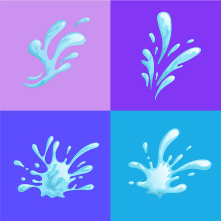 Water splashes on colorful backgrounds. Cartoon water waves in motion. Flat style vector illustrations.のイラスト素材