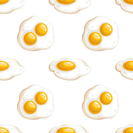Egg seamless pattern. Cartoon with simple gradient design. Fried and whole eggs. Breakfast symbols. Vector drawing isolated on white background.のイラスト素材