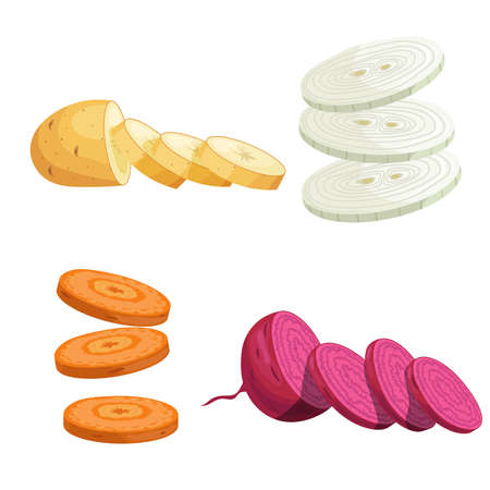 Set of root vegetables. Potato, onion, carrot and beet cuts. Cartoon simple design vector illustrations. Fresh farm veggies isolated on white background.のイラスト素材