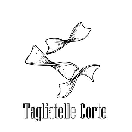 Italian pasta Tagliatelle Corte. Home made pasta. Hand drawn sketch style illustration of traditional italian food. Best for menu designs and packaging. Vector drawing isolated on white background.のイラスト素材