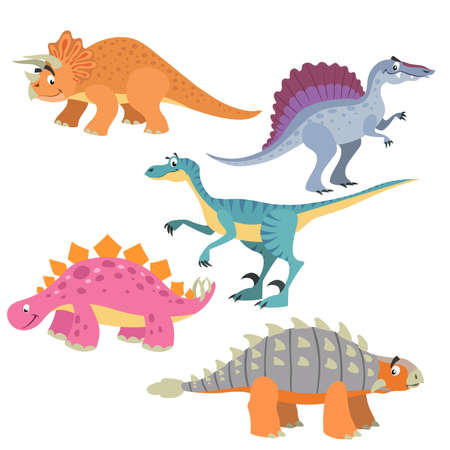 Funny cute dinosaurs set. Triceratops, Velociraptor, Ankylosaurus, Spinosaurus and Triceratops. Cartoon flat style. Vector illustrations.のイラスト素材