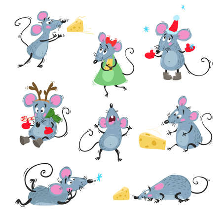 Cute mice in different poses. With cheese, singin, lying, in Chistmas hat and reindeer horns. Symbol of 2020 year by Chinese horoscope. Vector illustrations.のイラスト素材