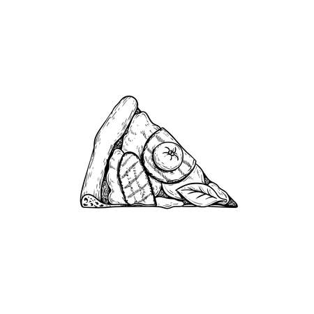 Pizza Romana piece. Top view. Hand drawn sketch style pizza with grilled veggies drawing. Traditional Italian fast food. Best for menu designs and packages. Vector illustration.のイラスト素材