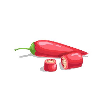 Hot red chili peppers. Hot burning vegetable. Flat cartoon design style. Group jalapeno peppers with cuts. Vector illustration isolated on white background.のイラスト素材
