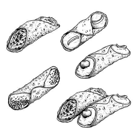 Hand drawn sketch style cannoli set. Traditional Italian dessert. Cannoli siciliani. Retro style vector illustrations. Isolated on white background.のイラスト素材