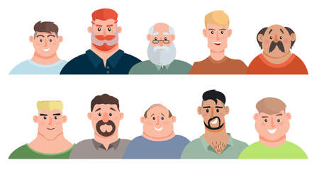 Adult men avatars set. Young men, teenagers, elderly men. Face avatars portraits, multicultural human head portraits. Vector illustrations collection. Isolated on white.のイラスト素材