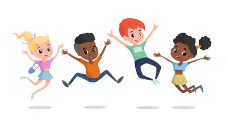 Happy children jumping and laughing. Multiracial school age children illustration. Best for posters, banners, invitations. Vector drawing isolated on white.のイラスト素材