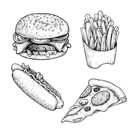 Fast food sketch set. Hamburger, french fries, hot dog and pepperoni pizza slice. Hand drawn illustrations for restaurant menu in vintage style. Isolated on white background.のイラスト素材