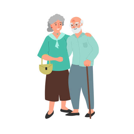 Elderly couple. Old caucasian bearded man and woman cartoon flat design illustration. Happy family. Vector picture isolated on white background.のイラスト素材