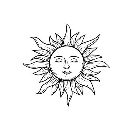 The Sun with face and closed eyes. Mystical heaven hand drawn illustration. Sketch style. Astrology and witchcraft symbol. Engrave vintage stylized. Vector drawing.のイラスト素材