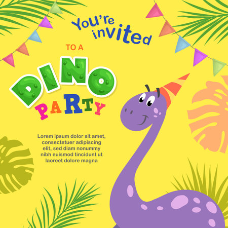 Dino party design template. Happy birthday card. Cartoon childish dinosaur. Best for invitations, flyers, posters etc. vector illustration.のイラスト素材