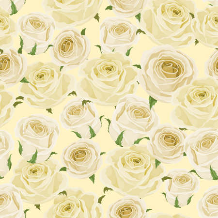 White roses seamless pattern. Bright and clear roses buds on light yellow background. best for package, flyers, wedding invitations. vector illustration.のイラスト素材