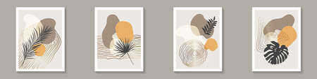 Botanical abstract art set. Summer tropical banners. Black tropic plant leaves with abstract shapes. Works for wall framed prints, posters, home decor, covers. vector illustrations.のイラスト素材