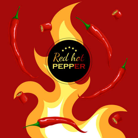 Red hot pepper banner design template. Flying red peppers on the burning red background. Whole and sliced peppers. Best for menu, package and flyers. vector illustration.のイラスト素材