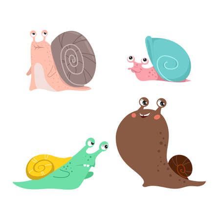 Cute snail set. Different snail-paced slugs. Young and old, strong and running. Funny snail characters collection. Vector Illustration isolated on white background.のイラスト素材