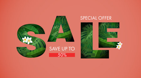 Sale banner with tropical leaves and plants on coral background with typography. Design template for sale. Best for posters, flyers, social media, fashion ads etc. vector illustration.のイラスト素材