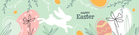 happy easter banner. Trendy Easter design in pastel colors. Modern minimal style with hand drawn leaves, eggs and plants. Best for invitations, greeting cards and advertising needs. vector illustration.のイラスト素材