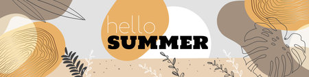 Hello Summer horizontal banner template in sandy colors. Beach abstract landscape view with tropical plants and hand drawn elements. Best for advertising and party designs.のイラスト素材