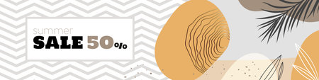 Summer Sale horizontal banner template in sandy colors. Zigzag pattern and tropical plants hand drawn elements. Best for advertising and party designs.のイラスト素材