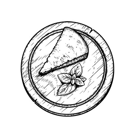 Traditional Italian cheese Parmegiano basil leaves on the round cutting wooden board. hand drawn sketch style. Vector illustration isolated on white.のイラスト素材